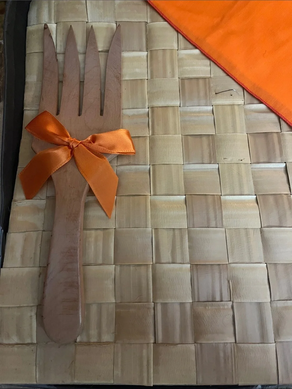 Orange Ribbon Wooden Utensil and Napkin Set with Bamboo placemat